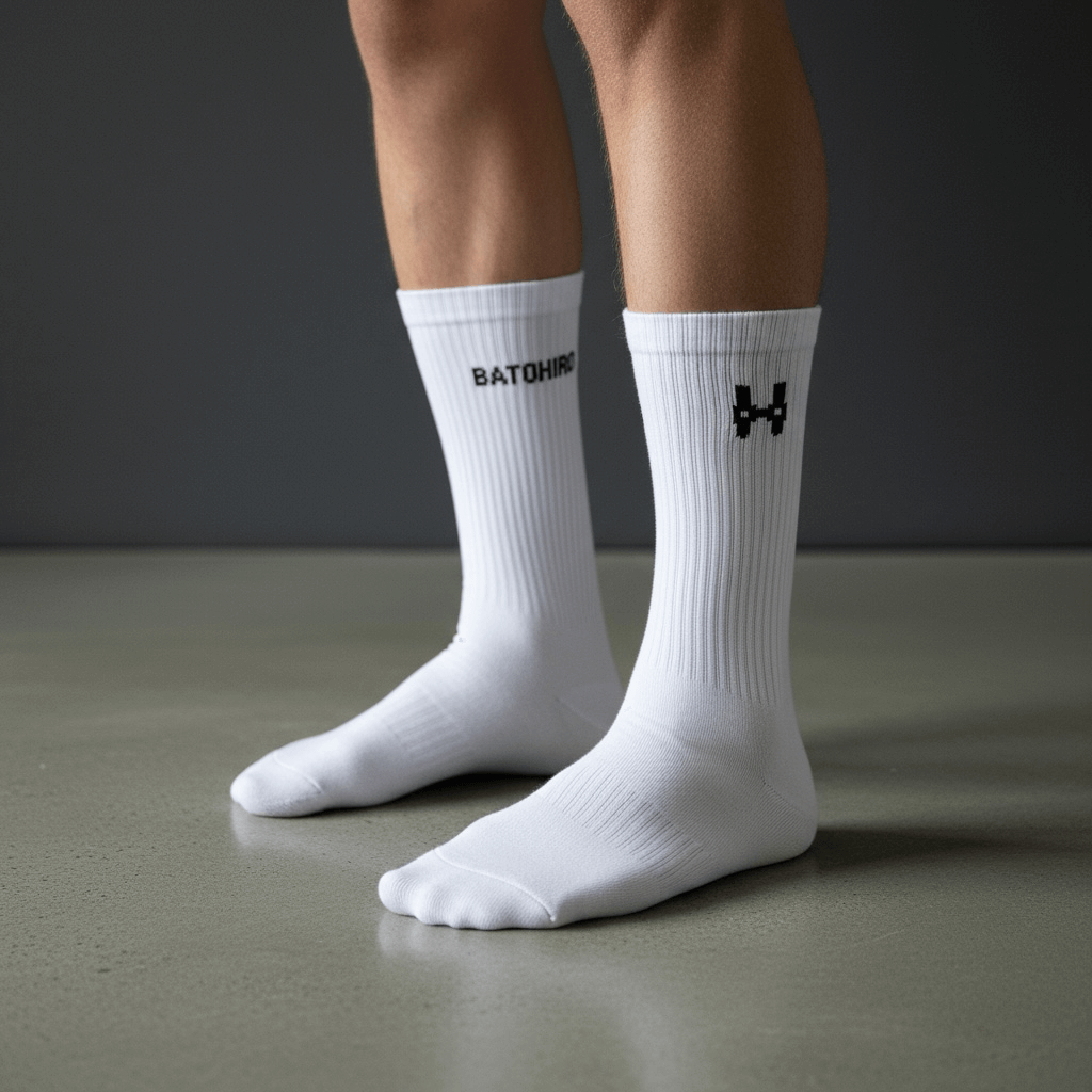 Batohiro bílé crew ponožky na nohou, minimalistický design s logem Batohiro a ikonickým symbolem.