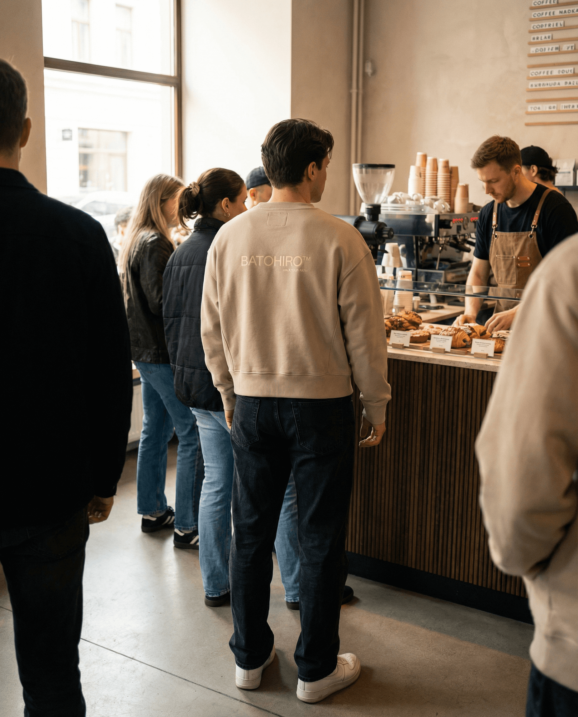 Batohiro 343 – Mikina Crewneck Beige worn by a person in a café setting.