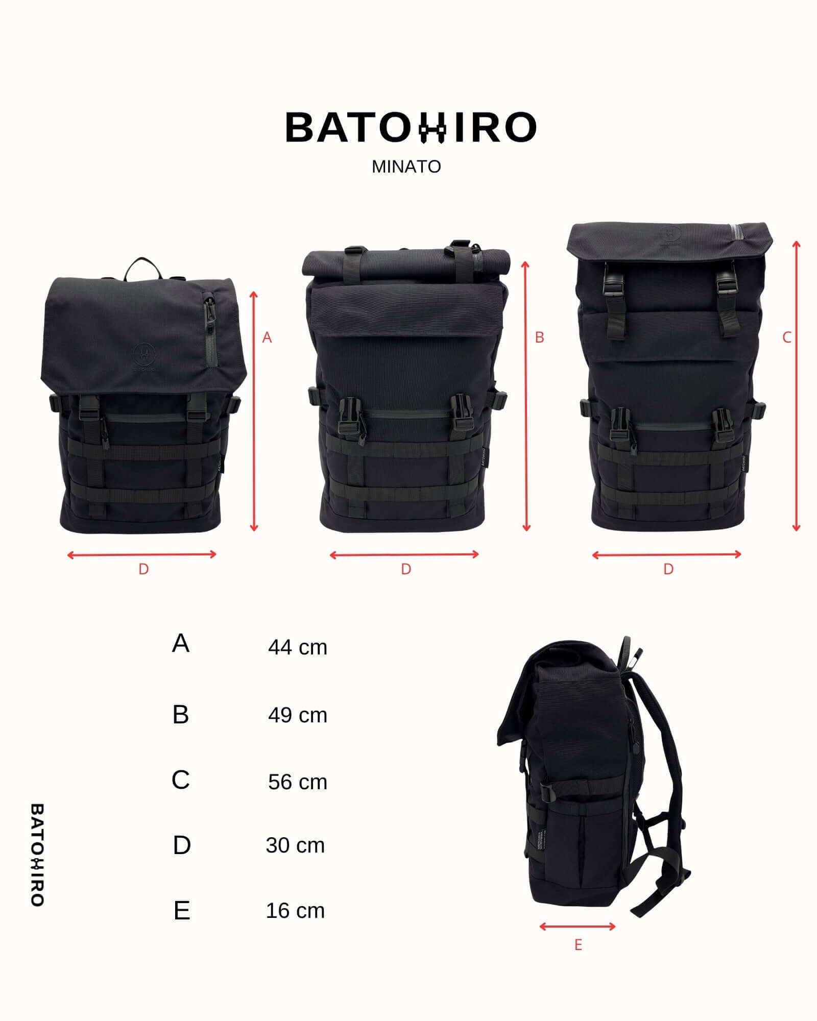 Minato Premium 6.0 – Black Knight backpack dimensions diagram showcasing sizes A, B, C, D, E.