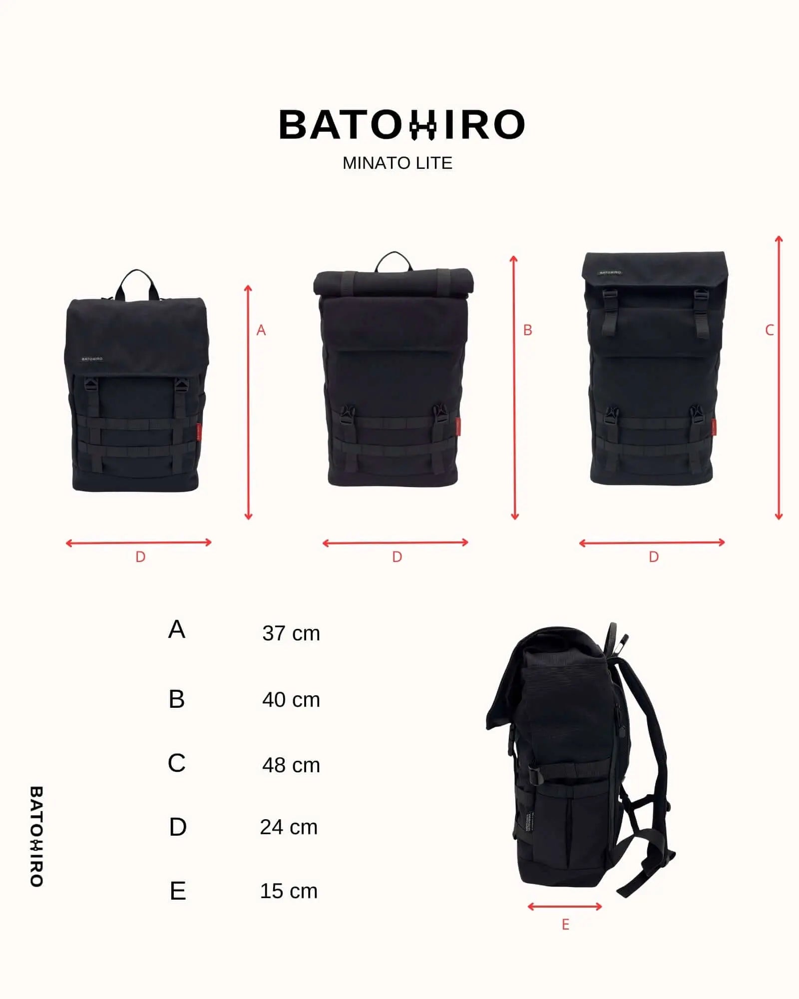 Minato Lite 2.0 - Dark Black backpack dimensions and design, showcasing sizes A, B, C, D, E for perfect fit.