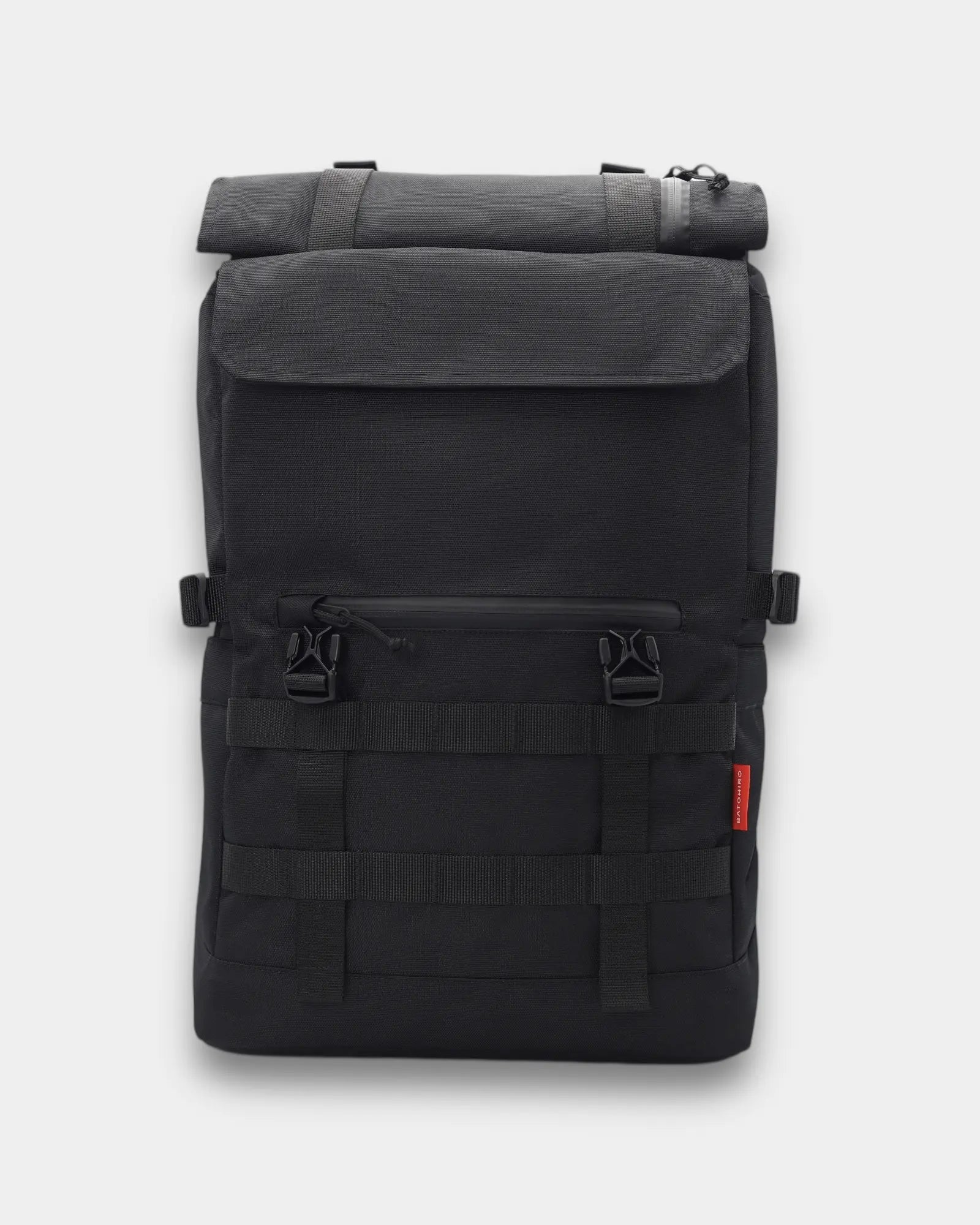 Minato Premium 6.0 – Black Knight - modern black backpack with roll-top and multiple straps.