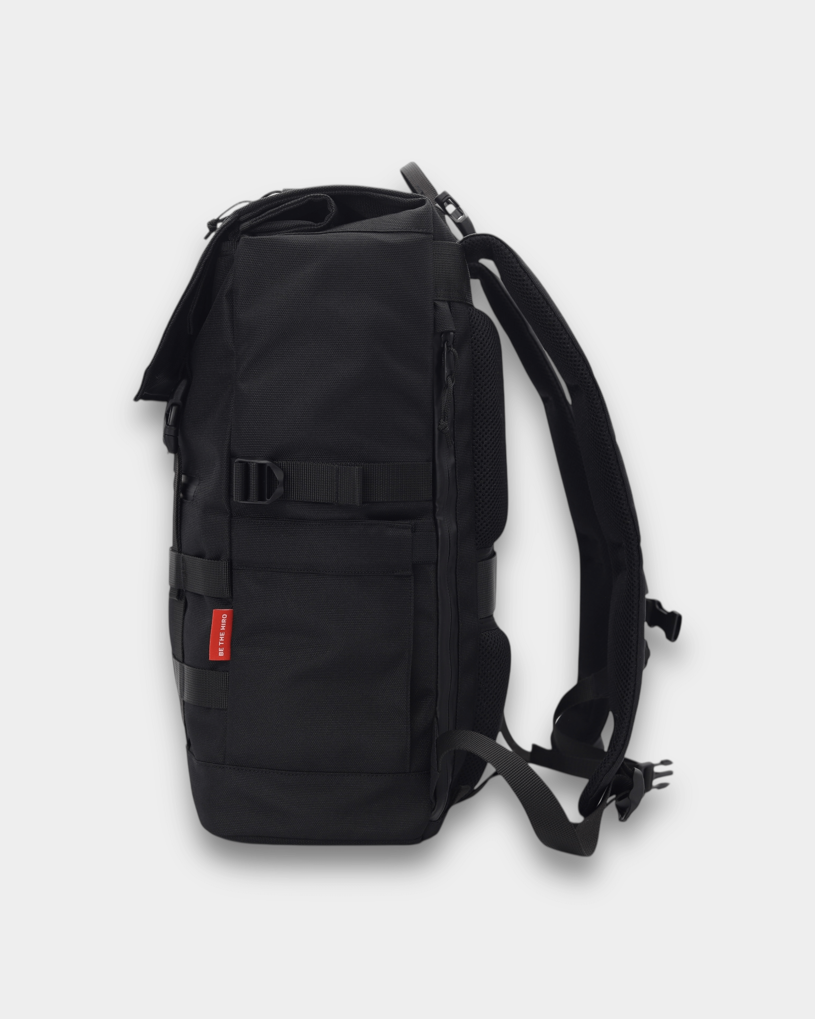 Minato Premium 6.0 – Black Knight – Side view of a black backpack made from CORDURA® RE/COR™ 1200D fabric.