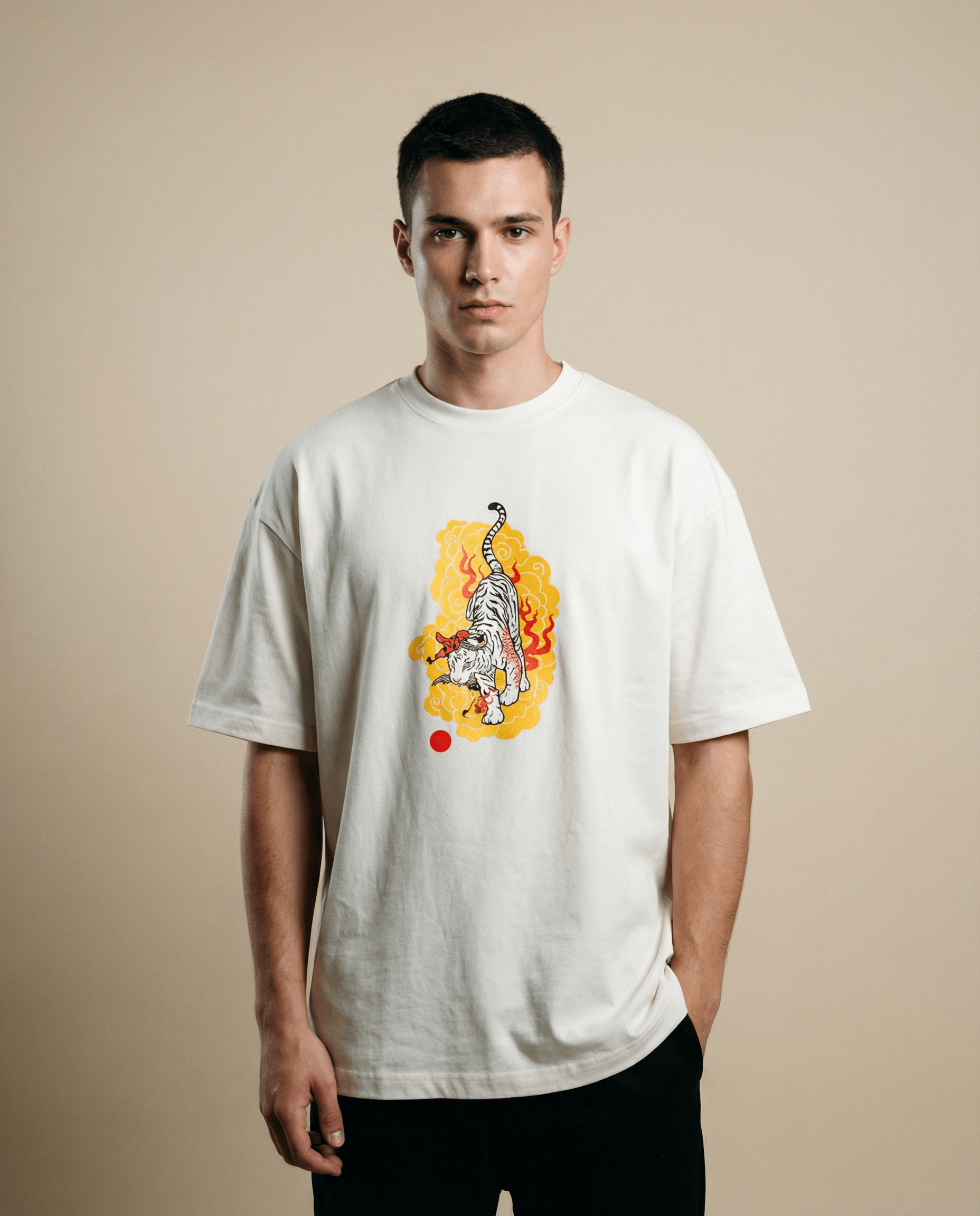 White Tiger - Oversized Tee worn by a model, featuring a vibrant tiger design and bold colors on an off-white shirt.